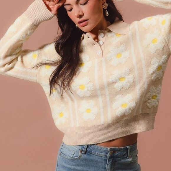 SO ME Floral Stripe Polo Collar Sweater Floral Knit Sweater with Daisies - Picture 5 of 7